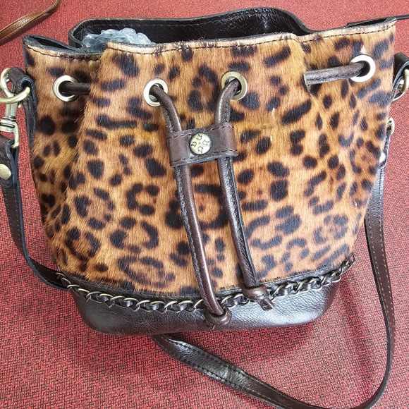 Patricia Nash Calf Hair Leather Bucket Bag Leopard Brown Crossbody Drawstring - Picture 4 of 16